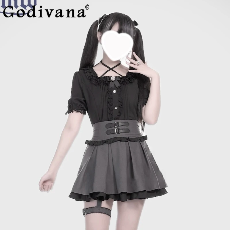

Japanese Subculture Mine Y2K High Waist Skirt with Leg Ring Summer New Girl's Sweet High Waist Skirt Women's Halter Neck Shirts