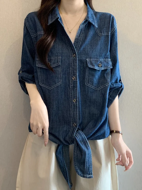 

Thin Denim V-Neck Shirt Women's Spring Summer New Large Size Fat MM Belted Waist Seven-Sleeve Top Korean Style Loose Fit