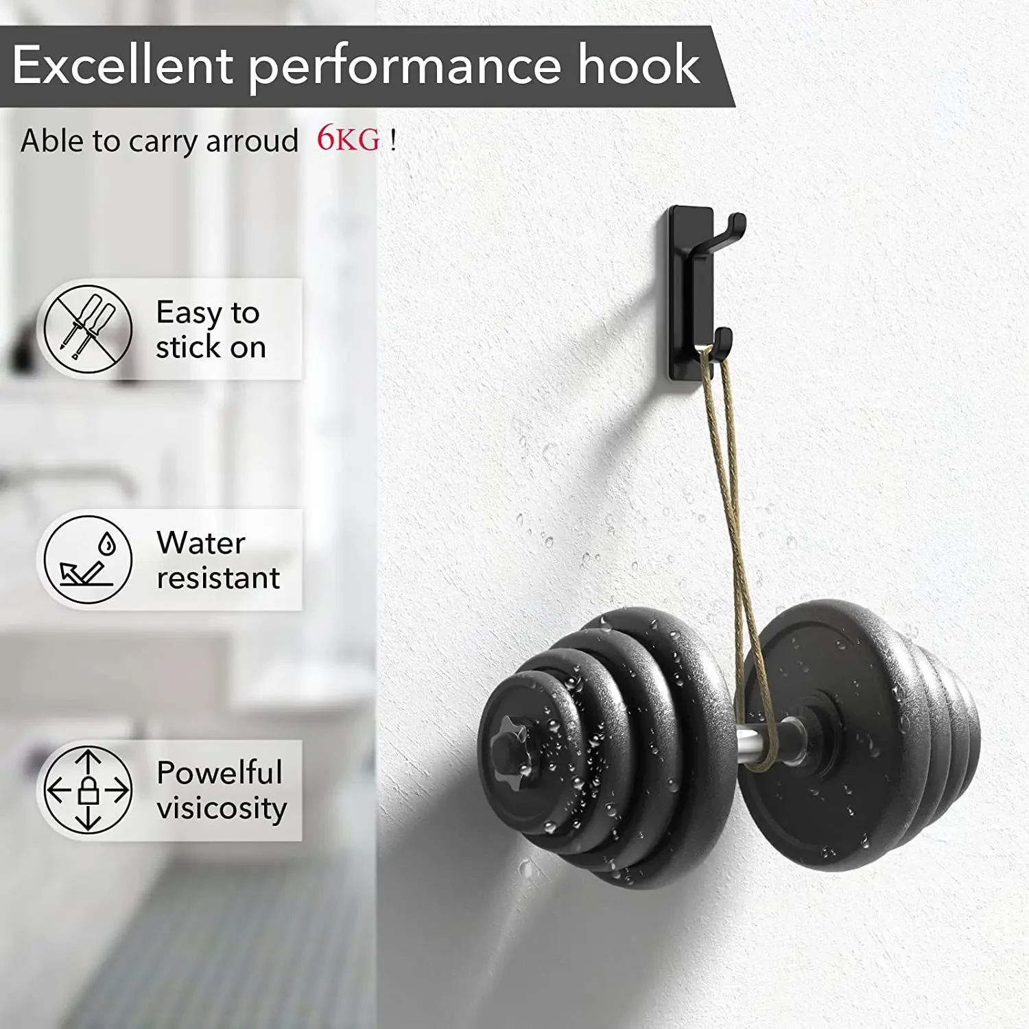 

Coat Hooks for Door 5KG Strong Wall Hook for Hanging Towel Bathroom Heavy Duty Stainless Stick on Hanger Black 4-Pack