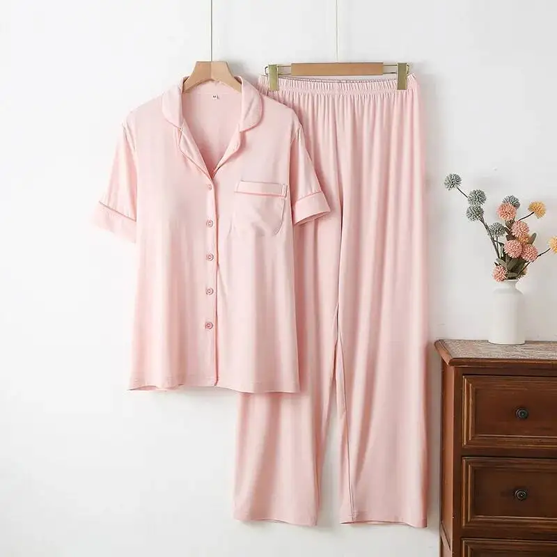 

Simple Solid Color Clothes For Women's Spring And Summer Thin Short-Sleeved Trousers Bamboo Fiber Loose Pamas Set