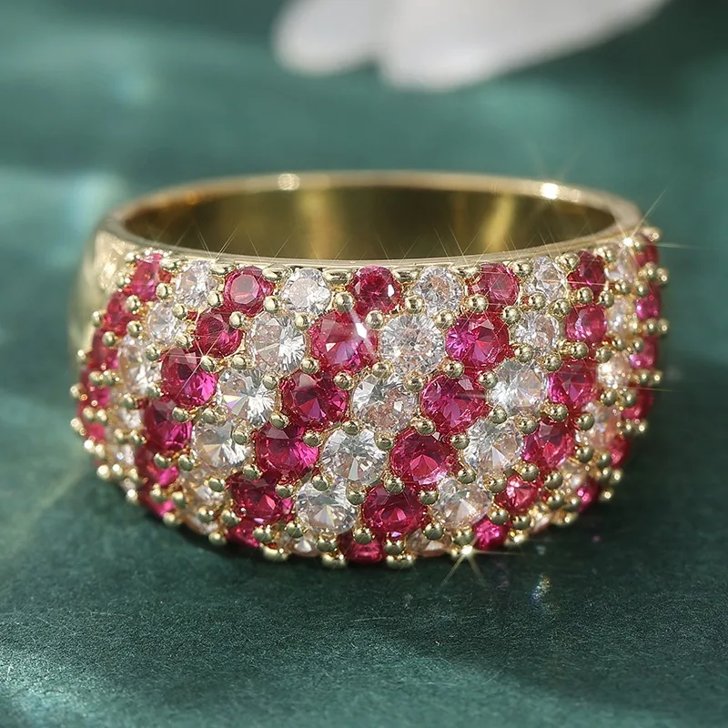 Wunderschöner eingelegter weiß-rosa CZ-Damenring, ästhetische geometrische Form in Goldfarbe, für den täglichen Gebrauch, Partyschmuck, Jubiläumsgeschenk – Detail 1