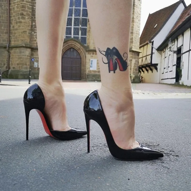 

Lacquer leather side clearance 12cm black high heels, shallow mouth, thin heel, sexy pointed toe,oversized single shoe for women