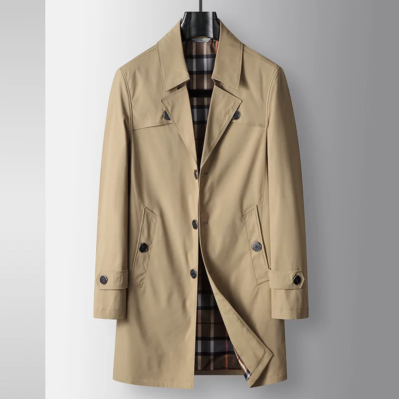 Man Windbreaker Spring Autumn Turn Down Collar Single-breasted Male Jacket Thin Windproof Business Casual Men Long-length Coat