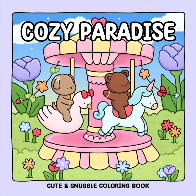 Cozy Paradise Coloring Book Kawaii Carousel Bear Unicorn Swan Floral Garden Stress Relief Drawing Book