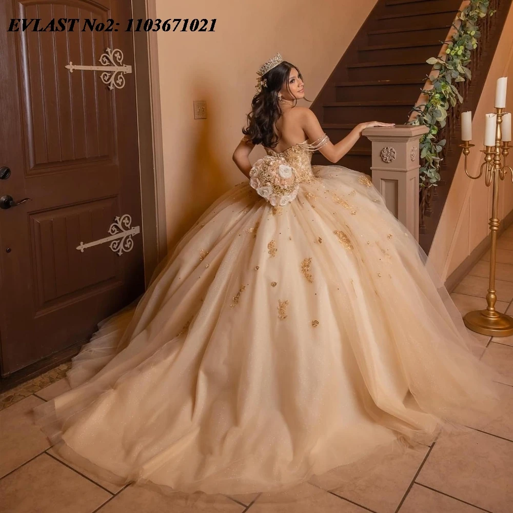 

EVLAST Customized 2025 Champagne Quinceanera Dress Ball Gown Gold Lace Applique Beaded Corset Sweet 16 Vestidos De 15 Anos E2Q02