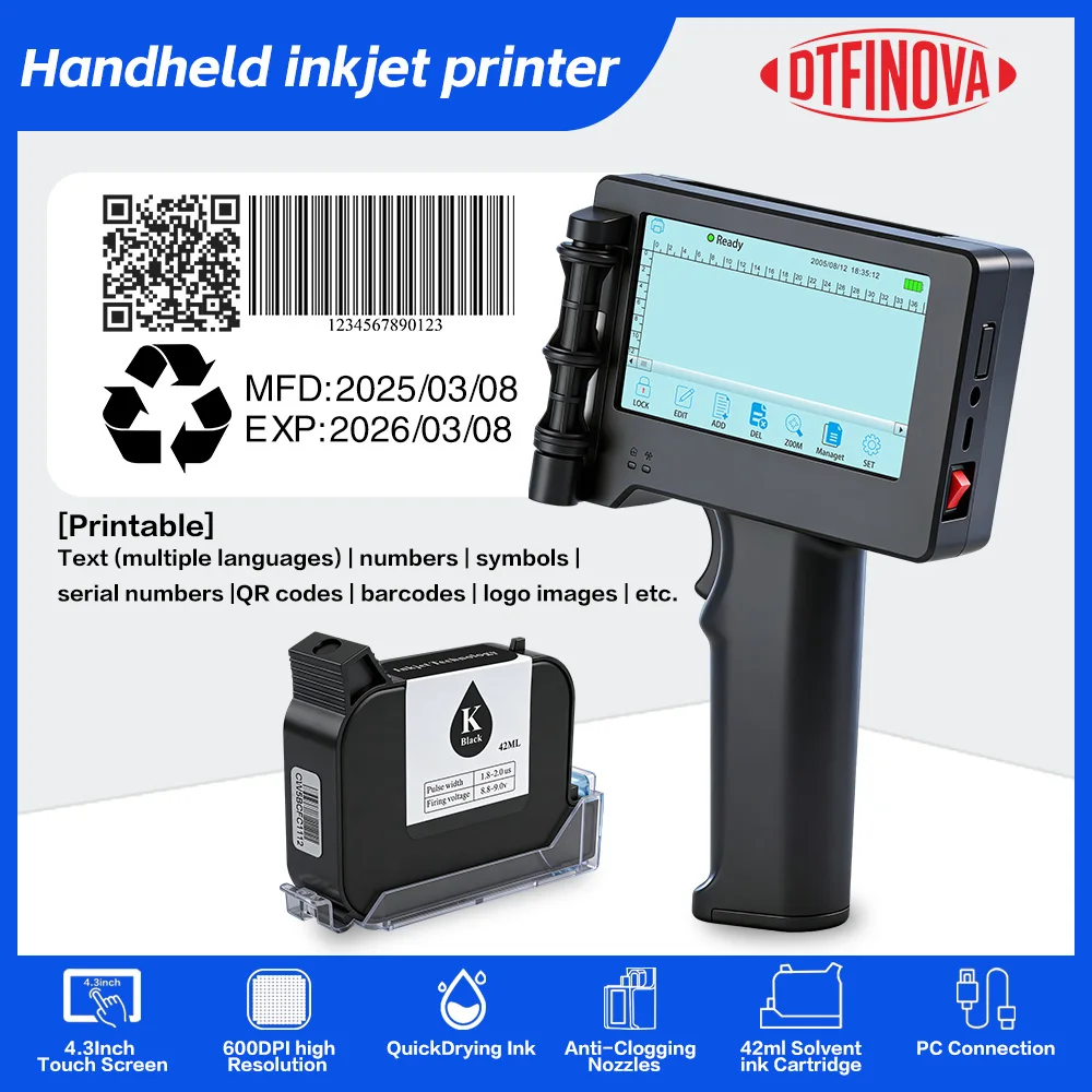 DTFINOVA Handheld Inkjet Printer - Portable Coding Machine for QR Codes, Barcodes, Expiry Dates & Logos | 12.7mm HD Quick-Dr
