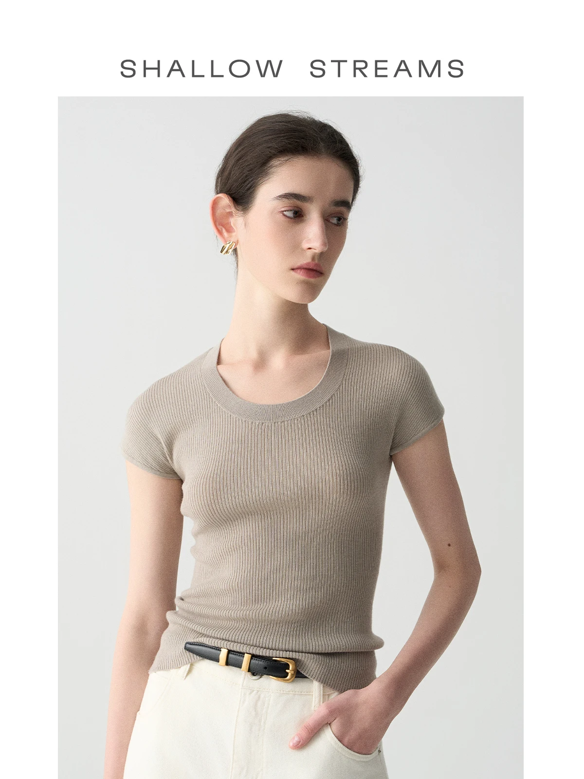 

Женская тонкая летняя повседневная футболка из тонкой шерсти с U-образным вырезом, однотонная, приталенная, с коротким рукавом