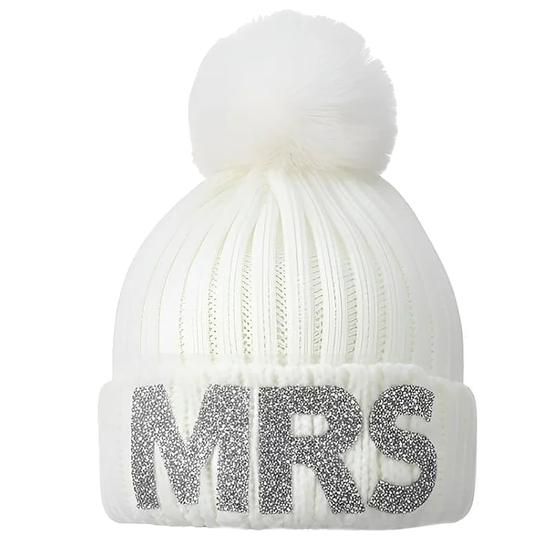 Gorro de punto con diamantes de imitación y pompón de piel sintética, gorro de invierno blanco para novia, regalo para despedida de soltera, fiesta nupcial, futura novia