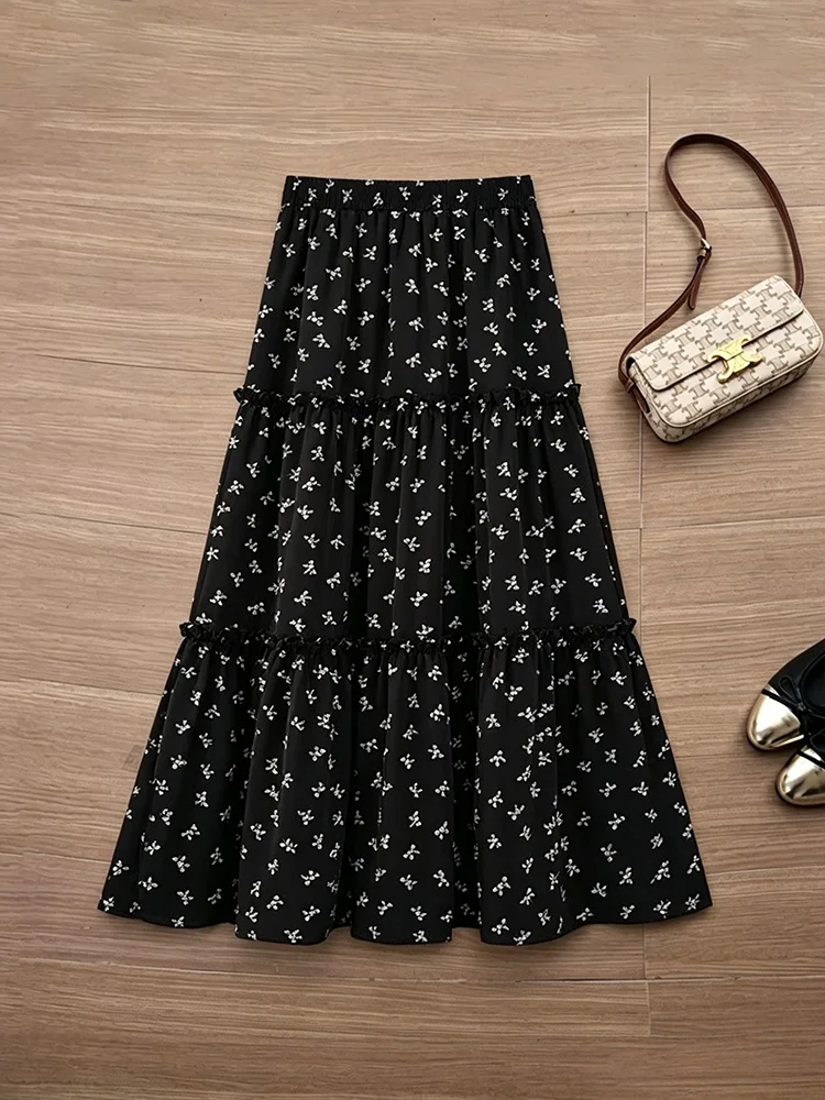 Black Floral A-Line  Skirt Women's Autumn Design Slimming Flattering High Waist Cake Skirt Petite Elegant Artistic