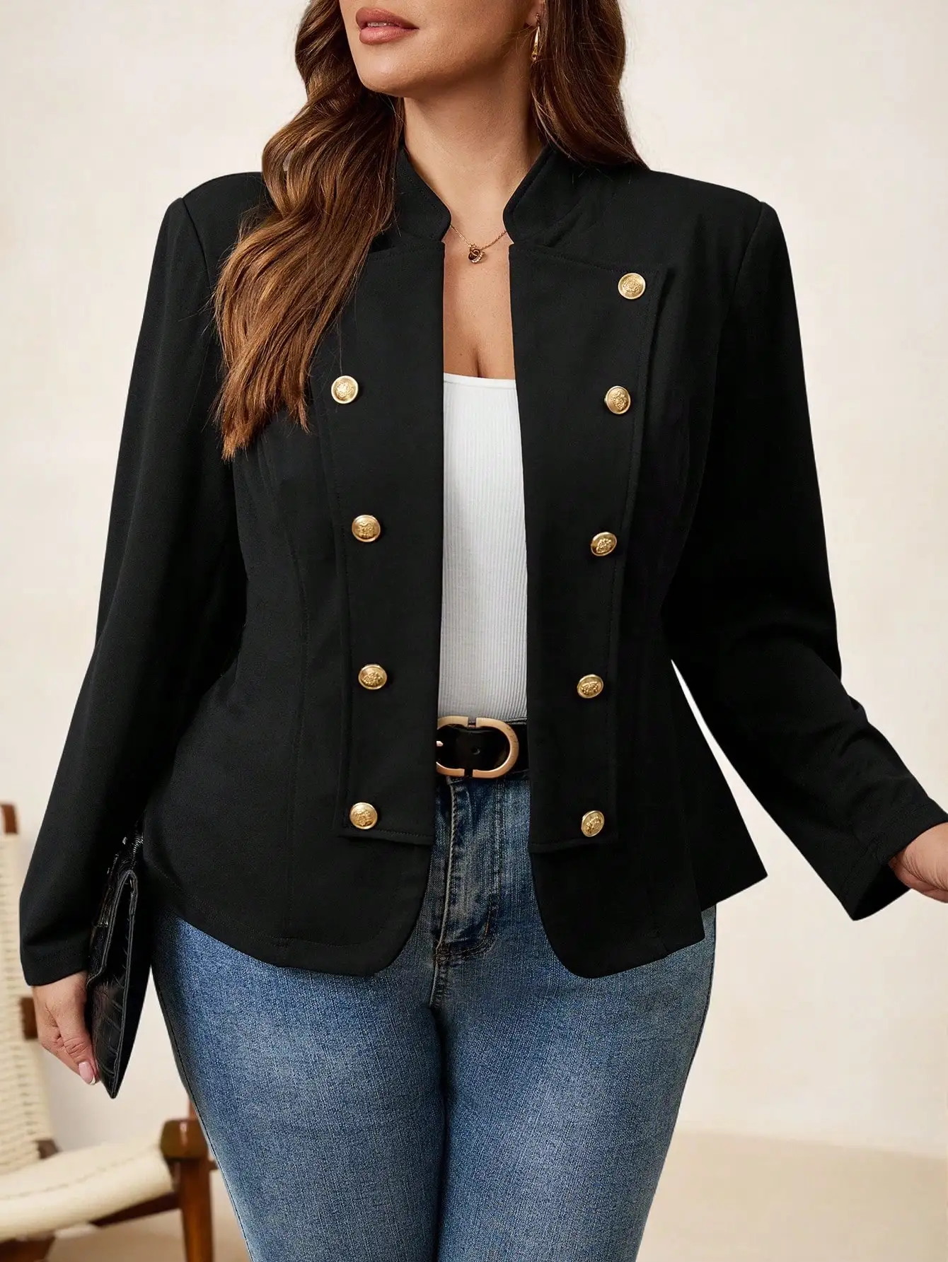 

Women's Black Double-Breasted Military-Style Blazer Jacket with Gold Buttons
