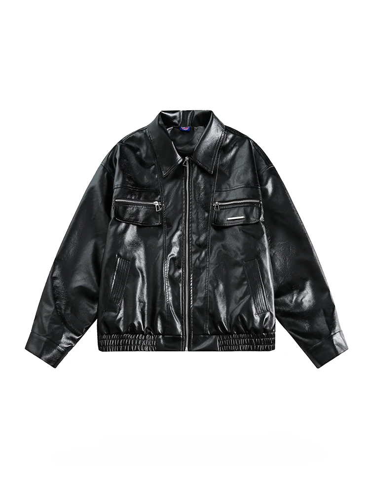 

American Retro PU Leather Motorcycle Lapel Jackets Men Women Trendy Brand Street Solid Color Loose Casual Handsome Zipper Coats