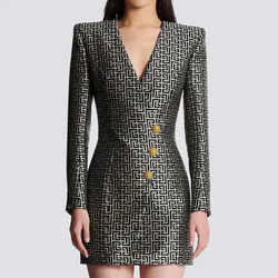 Spring And Autumn Europe And The United States New Fashion Jacquard Fabric V-neck Slimming Three-button Long-sleeved Dress Coat