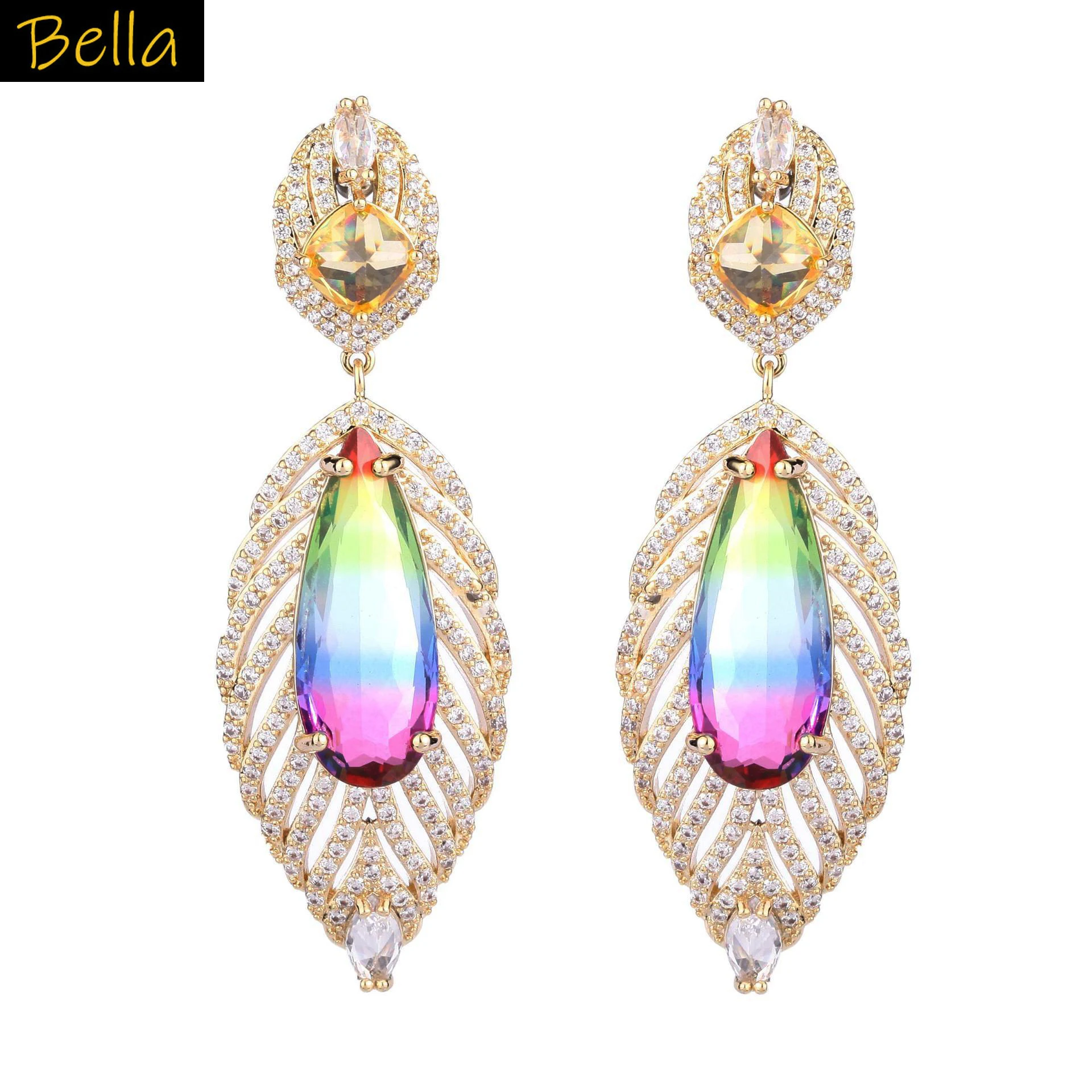 

gold color feather earrings gold color zircon copper pink rainbow drop pendant earrings women dinner party jewelry gift