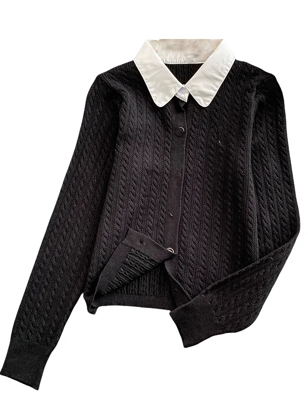 Zoete Jeugdige Twist Splice Kraag Jaet Dames Vroege Herfst Unieke Mooie Enkele Knop Gebreide Trui Pendelen Sle K...