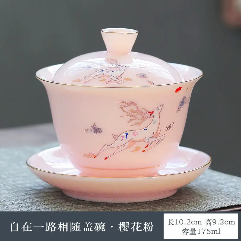 

Tea Bowl Gaiwan White Porcelain Cover Blue Drawing Gold Pink Deer Ceramic Kung Fu Teaware Set Infuser Teapot Tibetan Tureen