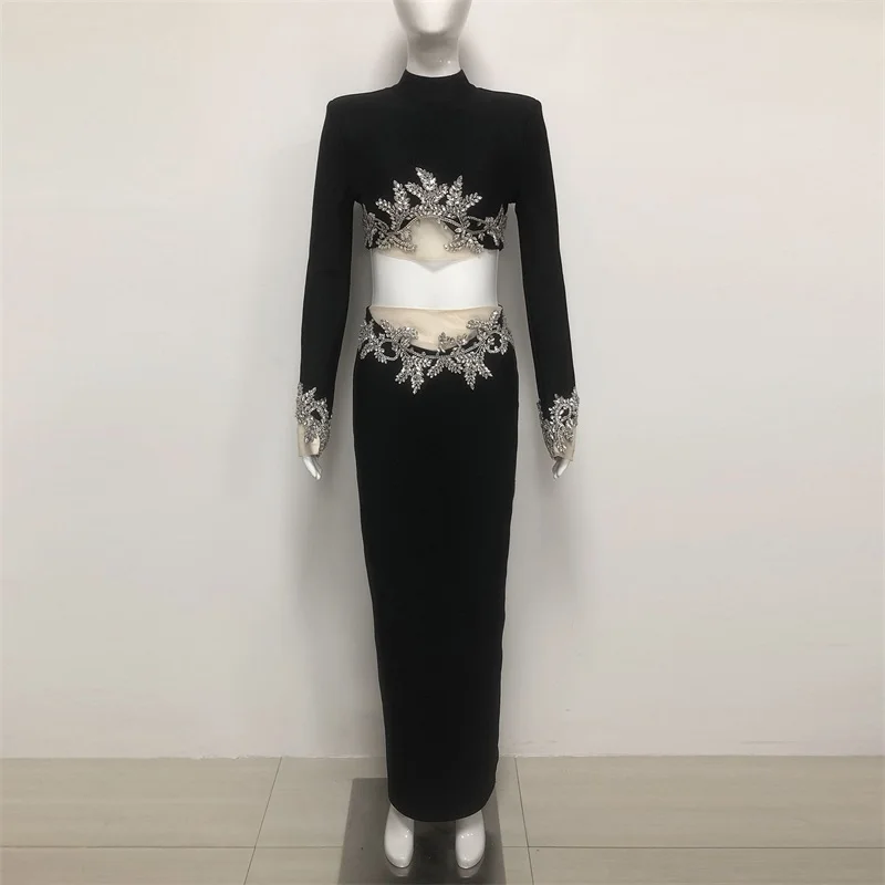 Black Crystals 2 Pcs Skirt Set Prom Dress Sexy Hollow Full Sleeves Tops+Party Gown Bandage Formal Wedding Birthday Evening Robe