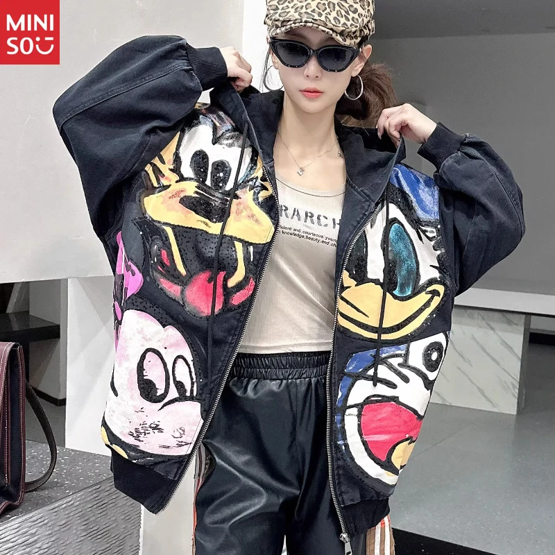 

Miniso Black Cartoon Denim Jacket, European Oversized Coat with Sequins
