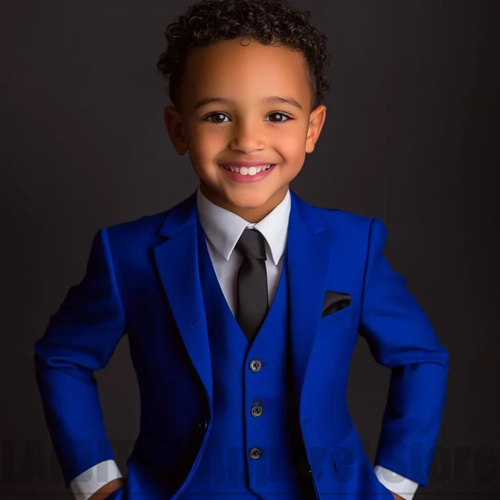 Boys Royal Blue 3 Piece Suit Set Kids Formal Blazer Vest Pants Child Wedding Party Gentleman Outfit Prom Birthday Costume