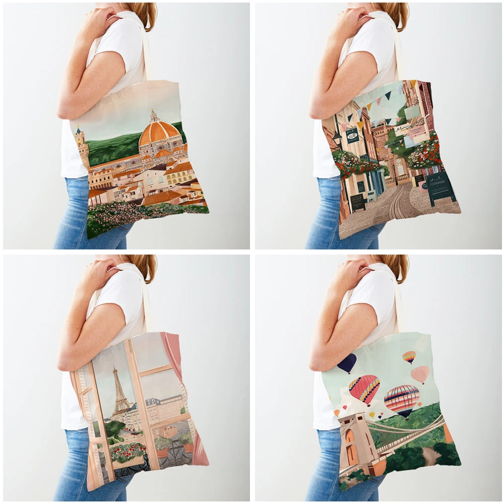 Fashion City Map London Paris Shopper Bags Tote Lady Handbag Double Print Reusable Foldable Casual Canvas Women Shopping Bag