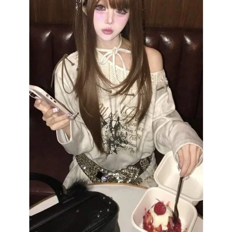 Japanese Retro Slanted Shoulder Print Patchwork Shirt Punk Gothic Chic Mesh Off Shoulder Long Sleeved Top 2000s Style Short Tee