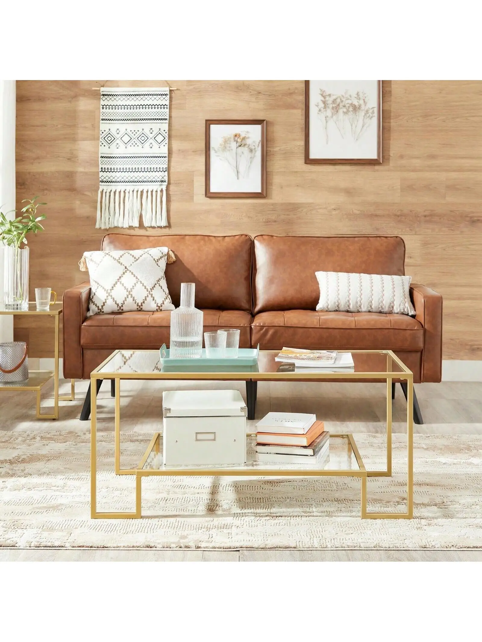 Tavolino da caffè in vetro VASAGLE con contenitore. Superficie in vetro temperato, telaio in acciaio. 100x55x45 cm. Colore dorato.