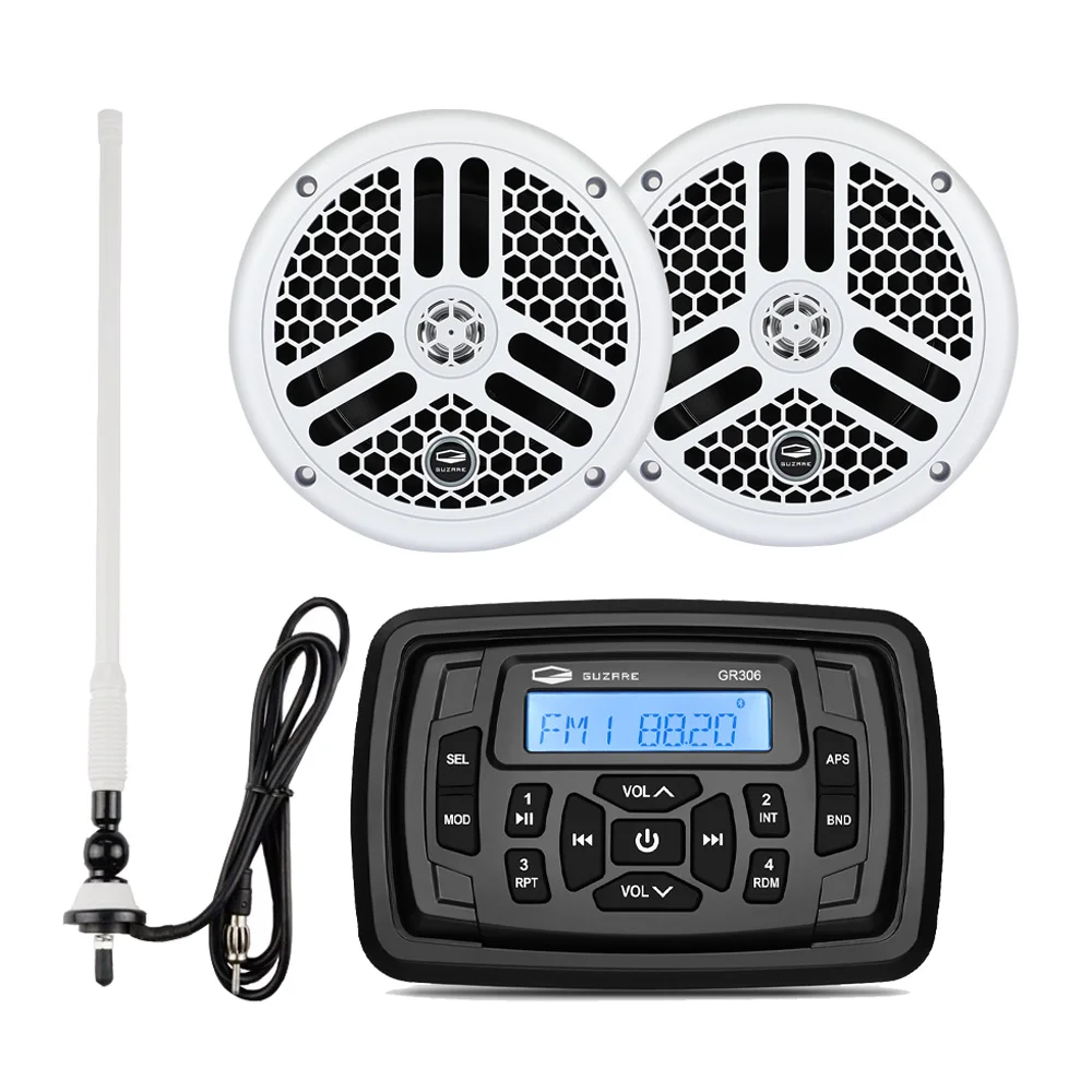 Waterproof Radio Audio Stereo Marine Receiver MP3 + 6.5 Waterproof Stereo Speaker for RV ATV Golf Cart + FM AM Antenna