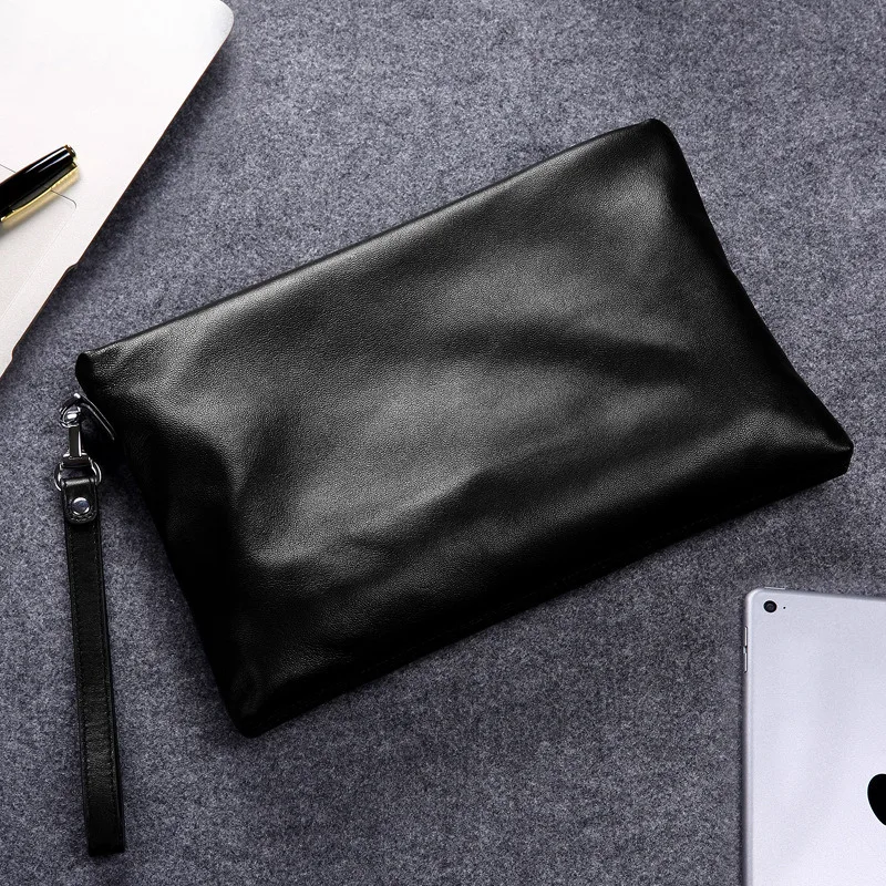 New Genuine Casual Handbag Top Layer Cowhide Envelope Bag Large Capacity Soft Leather Men's Purse Male Clutch Wallet Wristlet