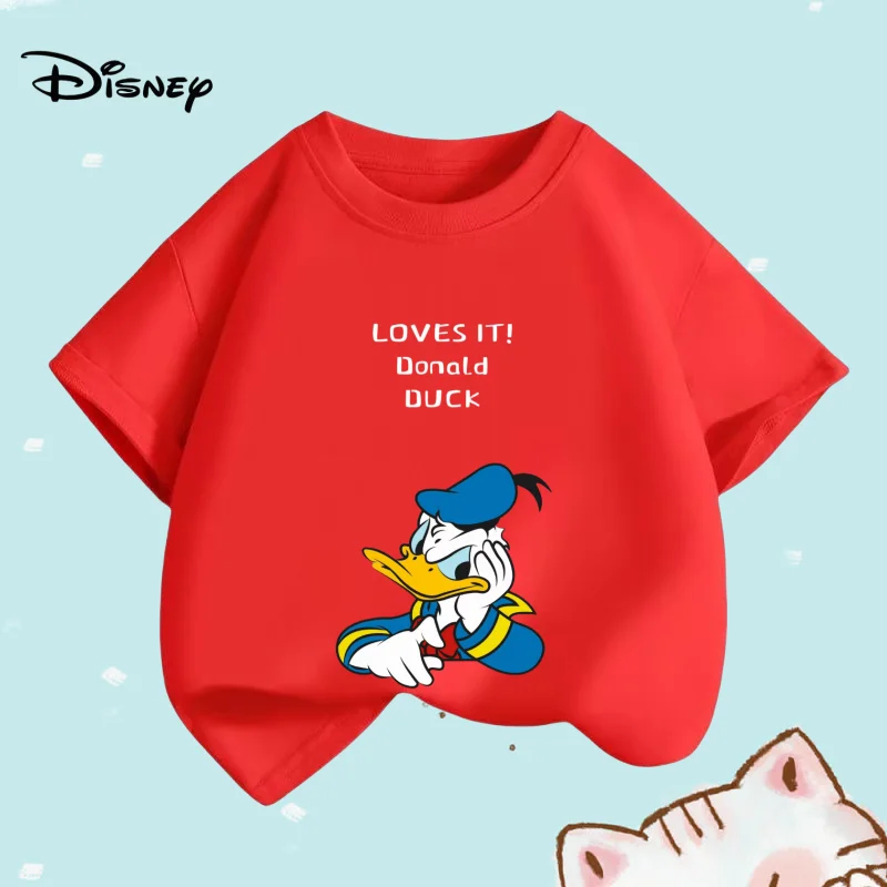 

Летняя детская одежда для мальчиков, футболки с мультяшным принтом Disney Donald Duck, модный топ с короткими рукавами и круглым вырезом для девочек