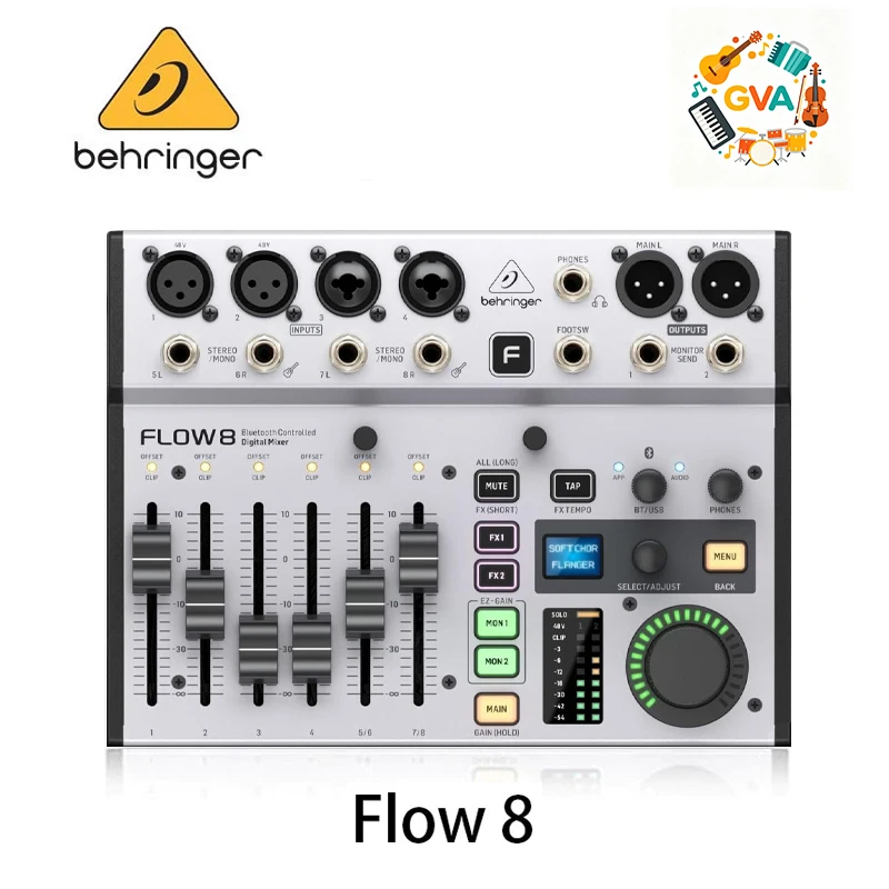 Behringer FLOW 8 8-Input Digital Mixer with Bluetooth Audio and App Control 60mm Channel Faders 2 FX Processors USB/Audio Inter