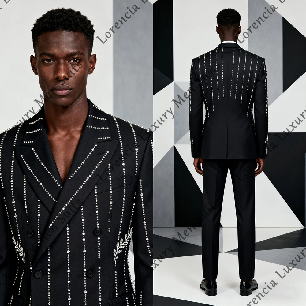 

Elegant Crystal Men Suits 2 Pieces Double Breasted Wedding Party Groom Tuxedos Customized Blazer Pants traje juvenil masculino