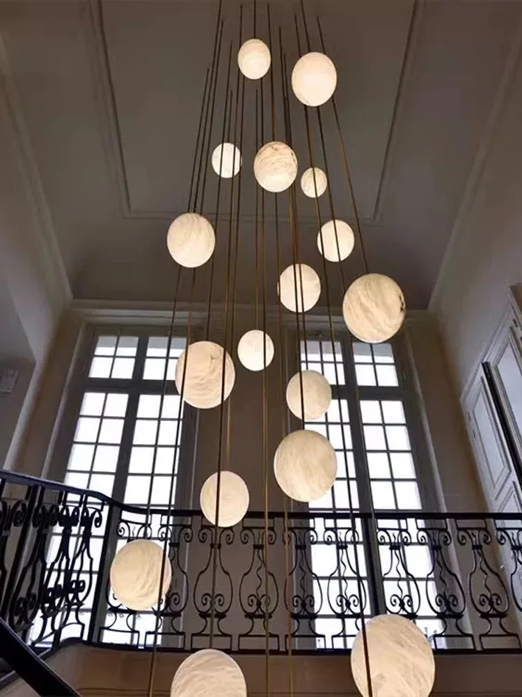 

Designer ceiling marble chandelier, villa, stairwell pendant lamp, customisable size, stainless steel lustre, dimmable