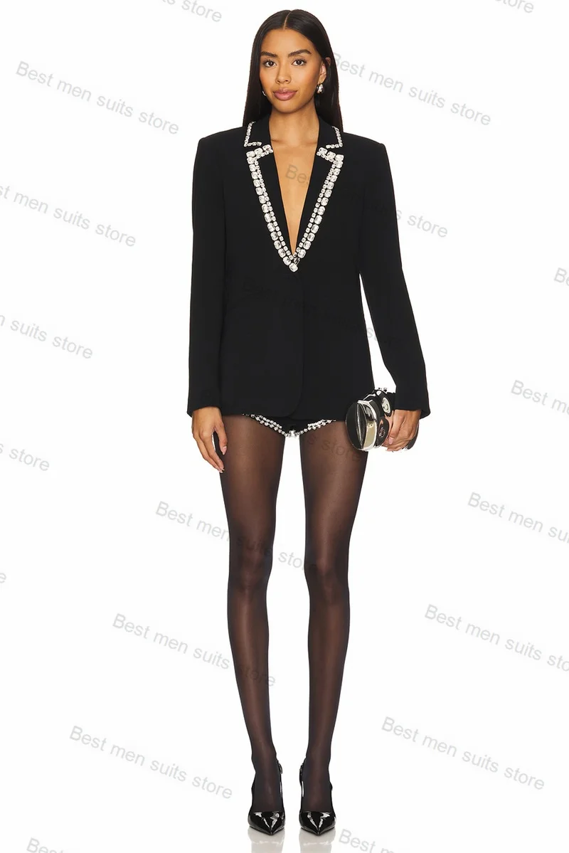 Black Crystals Women Suit Set 2 Piece Blazer+Short Pants Jacket Wedding Tuxedo Sexy V Neck Formal Cotton Prom Coat Custom Made