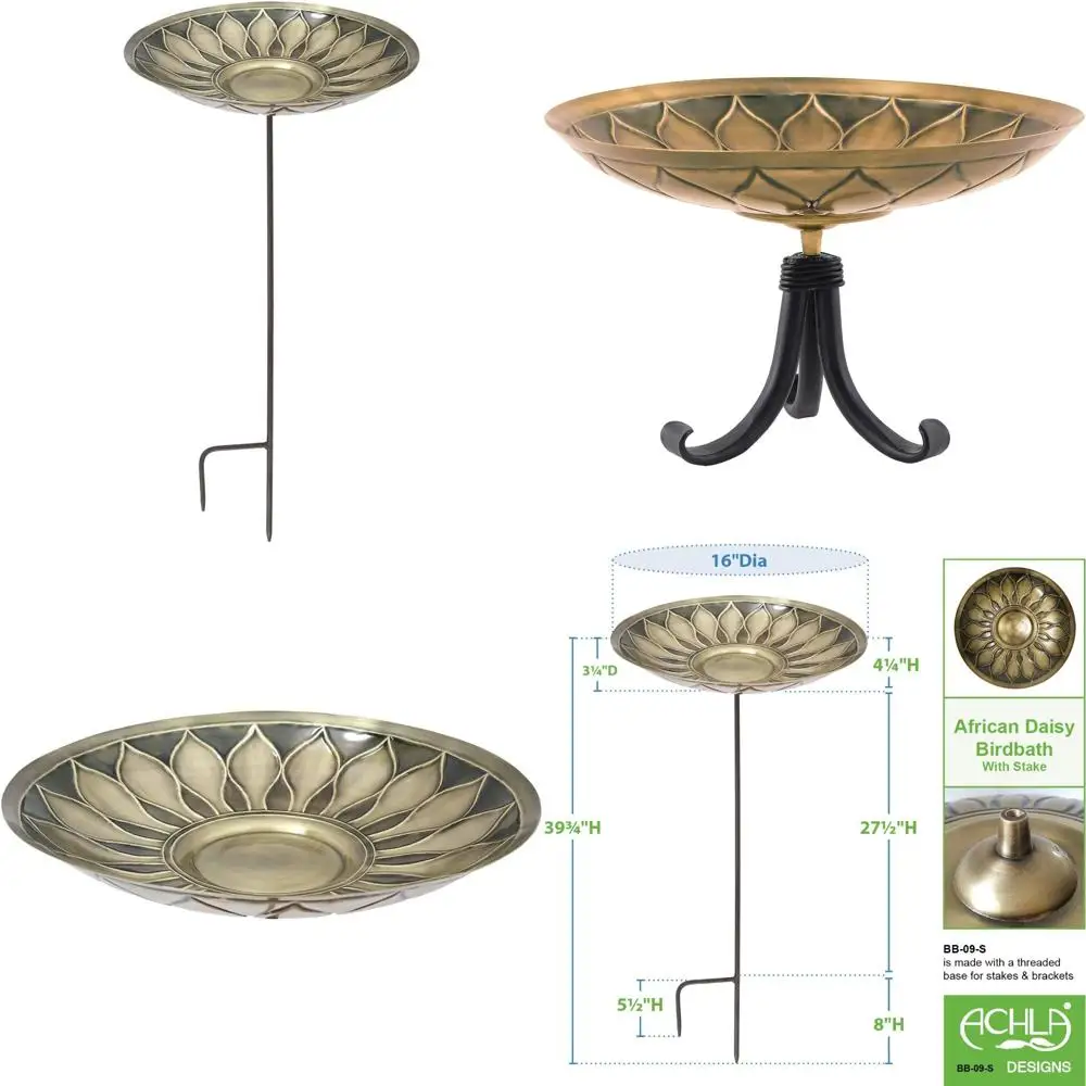 

Brass African Daisy Design Birdbath with Stake