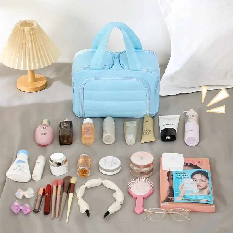 Portable Travel Double Opening Oxford Cloth Storage Makeup and Wash Bag Large Capacity Fluffy Makeup Classification Storage Bag