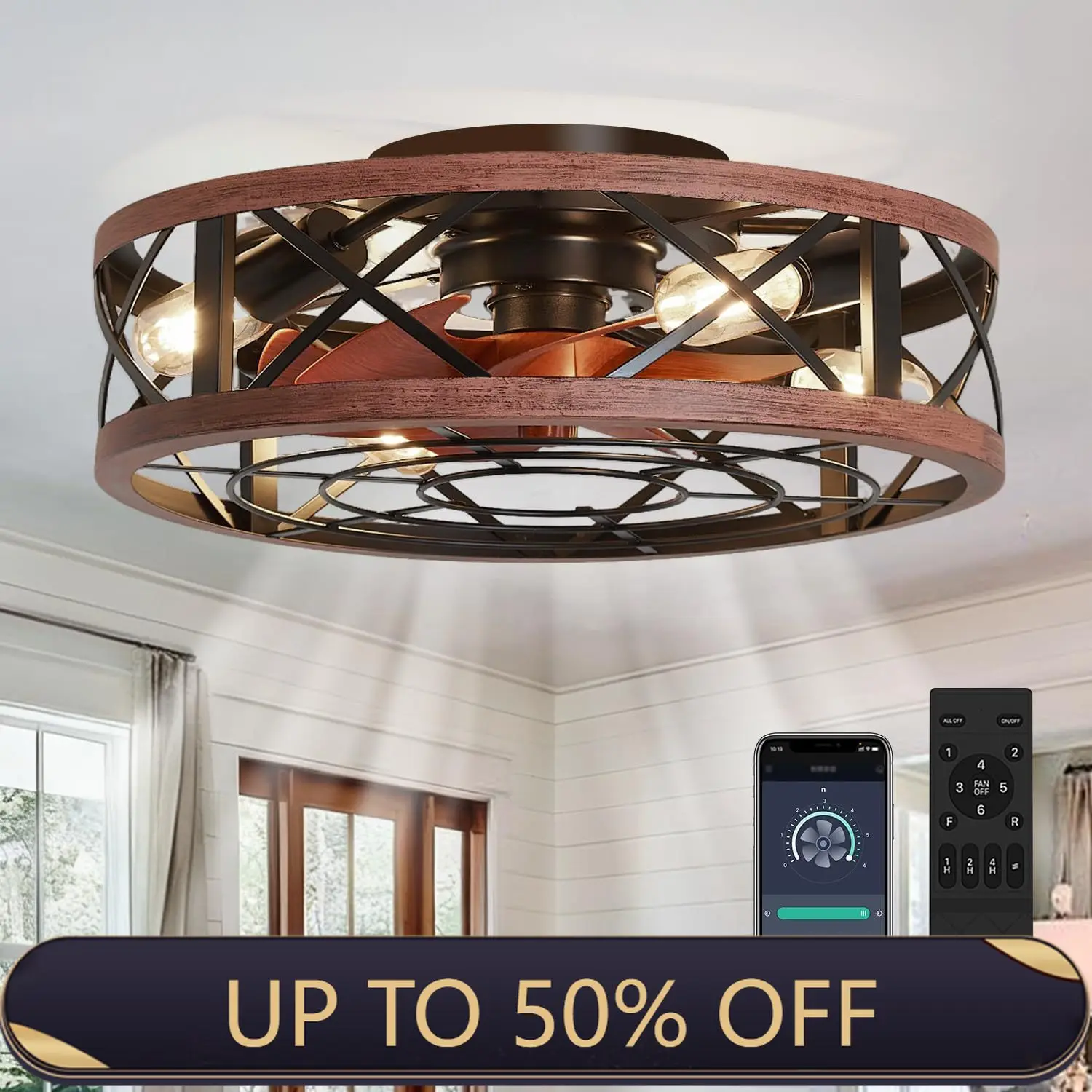 Vintage Style Ceiling Fan Light Bedroom Fan Light with Cage-Style Pendant Designer Ceiling Fan