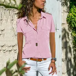 Summer New Short Sleeve Shirt Women Vintage Casual Lapel Front Pockets Blouse Ladies Streetwear Solid Color Buttons Slim Top