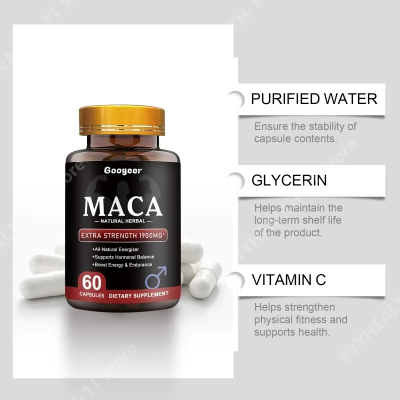 Googeer Maca Capsules Adult Unisex 1900mg Extra Strength Natural Herbal with Vitamin C for Daily Vitality Support 60 Capsules