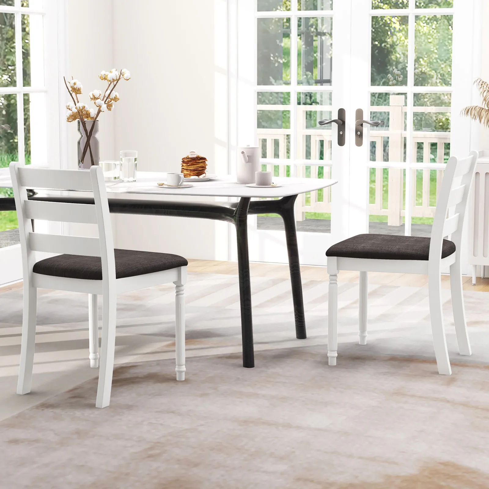 Wooden Dining Chair Set of 2 w/ Acacia Wood Legs Padded Cushion Ladder Back