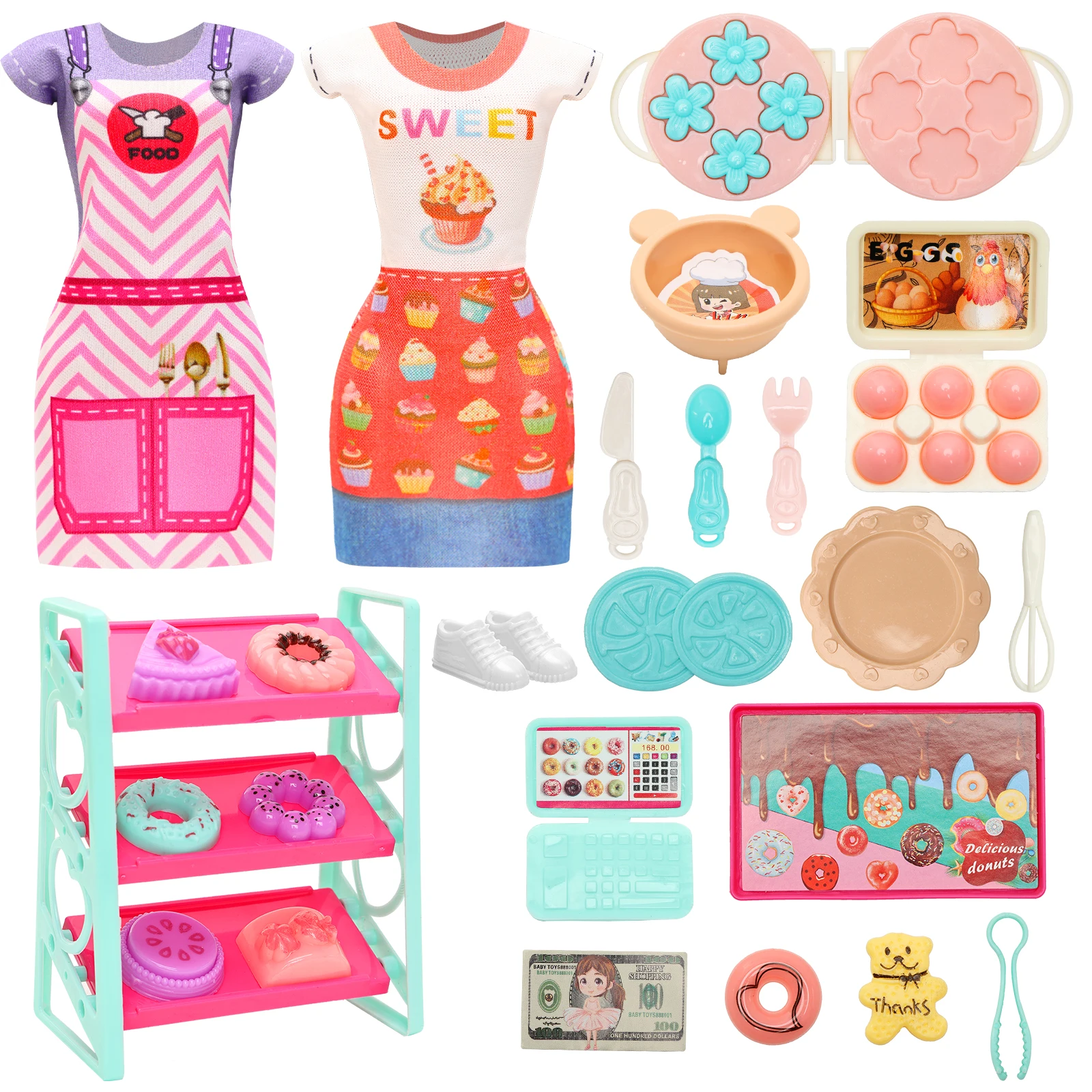 Barwa Doll Dessert Shop 36 Piece Set -13 Donut Vending Machine Set+20 Electric Pancake Maker Set+2 Dress Gift for Kids 3 to 8