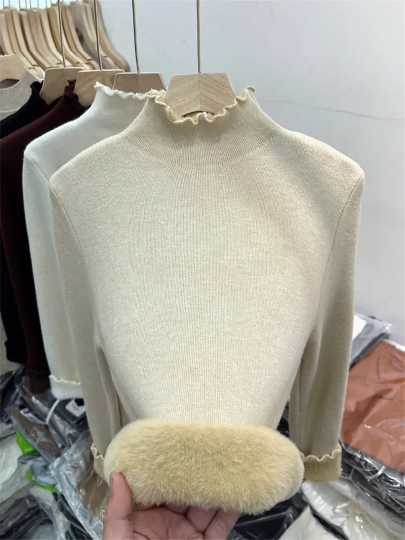 

Вязаный топ на флисовой подкладке, женская зимняя рубашка с высоким воротником и встроенным бархатным слоем, корейский стиль, с длинными рукавами, круглый вырез горловины