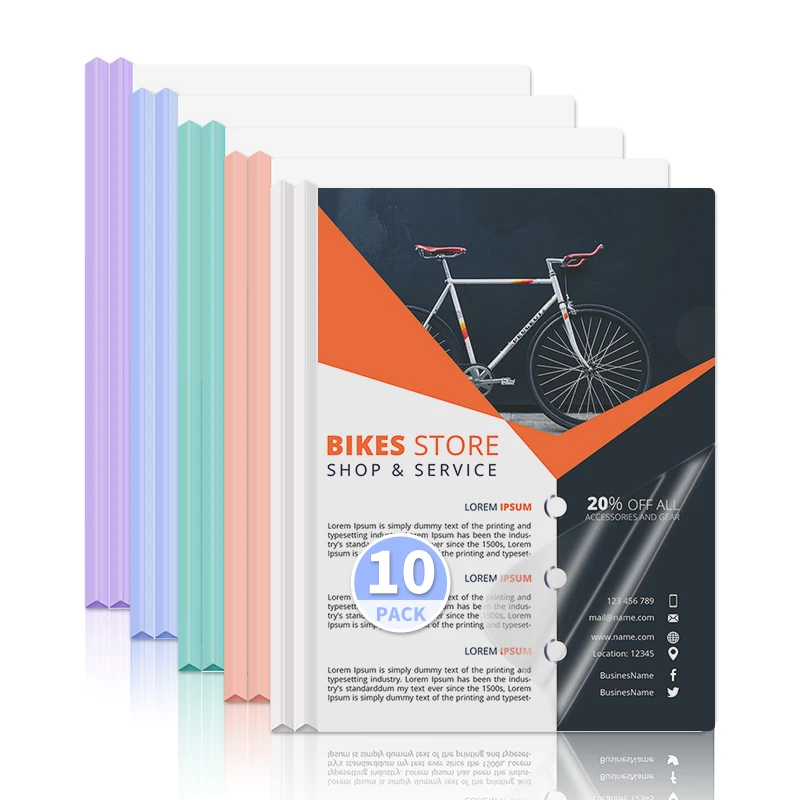 أغطية تقرير القضبان المنزلقة ذات المقبض الثلاثي - تشكيلة من 5 ألوان - 10 قطع، مجلدات مستندات شفافة مقاس A4 والرسائل، سعة 70 ورقة