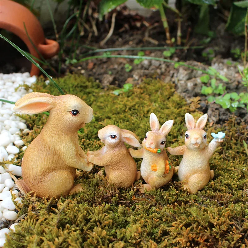 4pcs Bunny Hug Carrots Figurines Easter Rabbit Butterfly Statues Animal Sculpture Ornament Home Office Table Garden Decor