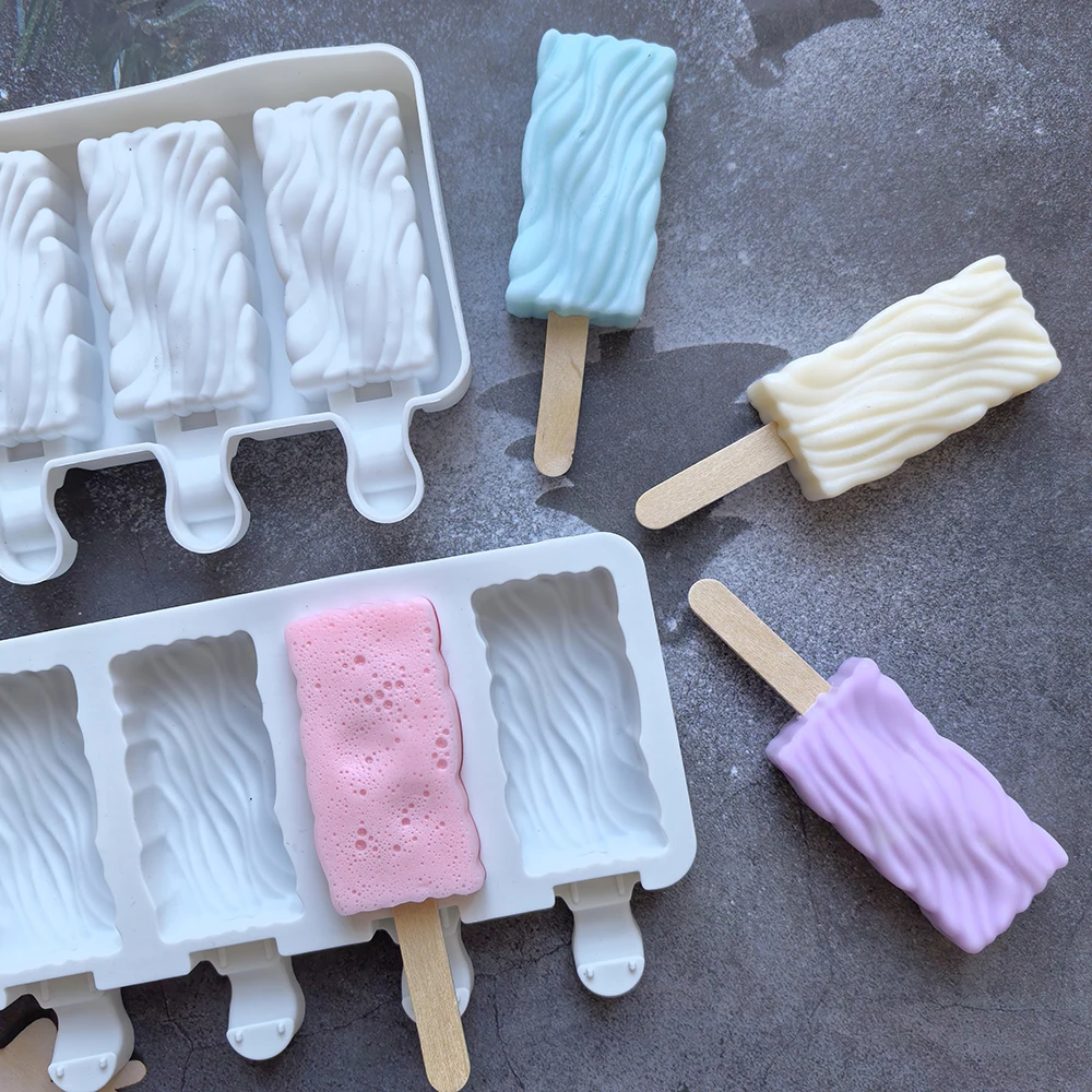 1pc 4-cavity creative popsicle silicone mold 3D rectangular wave ice cream tray DIY cake chocolate baking mold