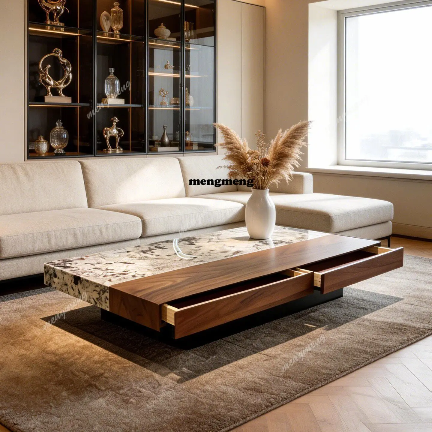 Italian natural marble coffee table rectangular solid wood coffee table walnut luxury stone coffee table living room home
