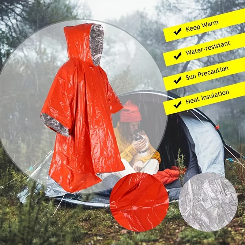 Heavy Duty Emergency Rain Poncho with Hood Reusable Thermal Blanket for Camping and Survival Waterproof Gear for Emergency Kits