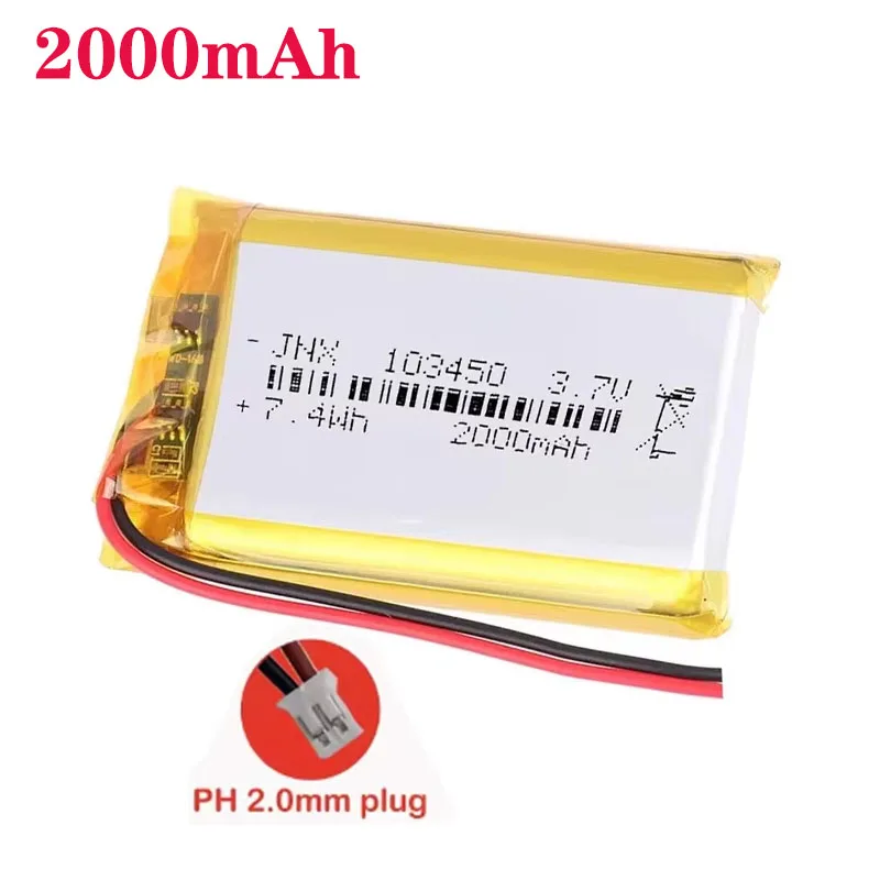 

103450 2000mAh 3.7V Polymer Lithium Rechargeable Battery Jst PH 2.0mm 2pin Plug for Camera GPS Navigator MP5 Bluetooth Headset