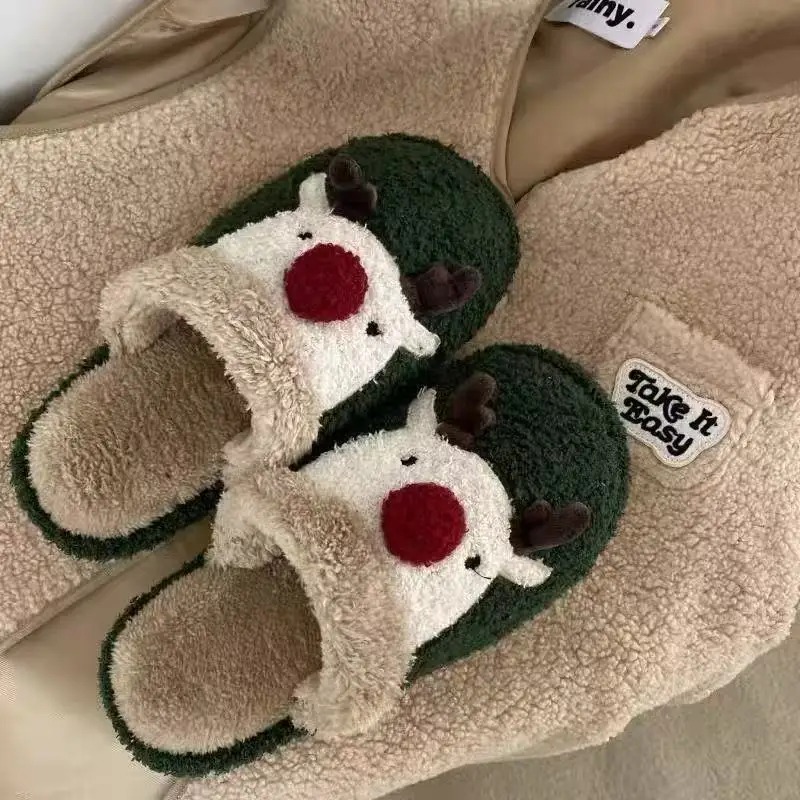 Cute Christmas Elk Cotton Slippers for Women in Winter Ins Fashion Home Anti slip Couple Plush Cotton Shoes for Men