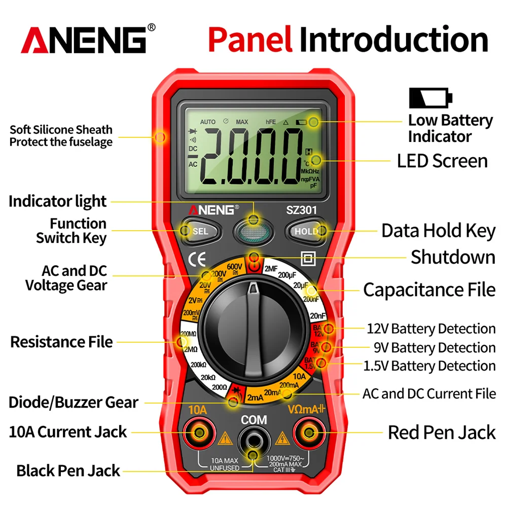 ANENG SZ301 Smart Digital Multimeter 2000 Counts Professional AC/DC Voltage Tester Ammeter Battery Powered High Precision Tools