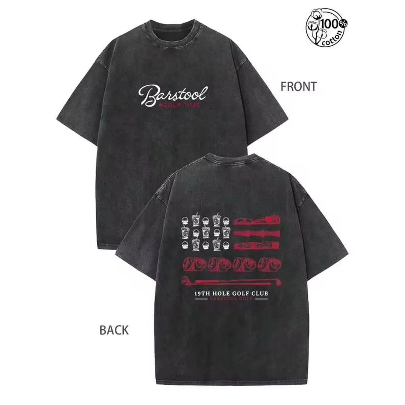 Washed Barstool Golf T-Shirt Men Golf Club Tee Tops;Left Chest Print, Contrasting Colors,Retro Streetwear & Outdoor Sports Leisure,Golf Enthusiasts