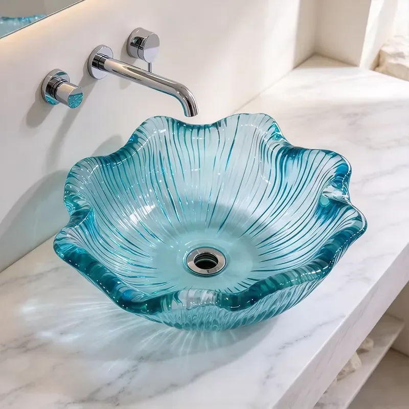 Sky Blue Transparent Resin Flower Shaped Sink Bathroom Wash Basin Countertop Texture Utensil Holder Wholesale Supply